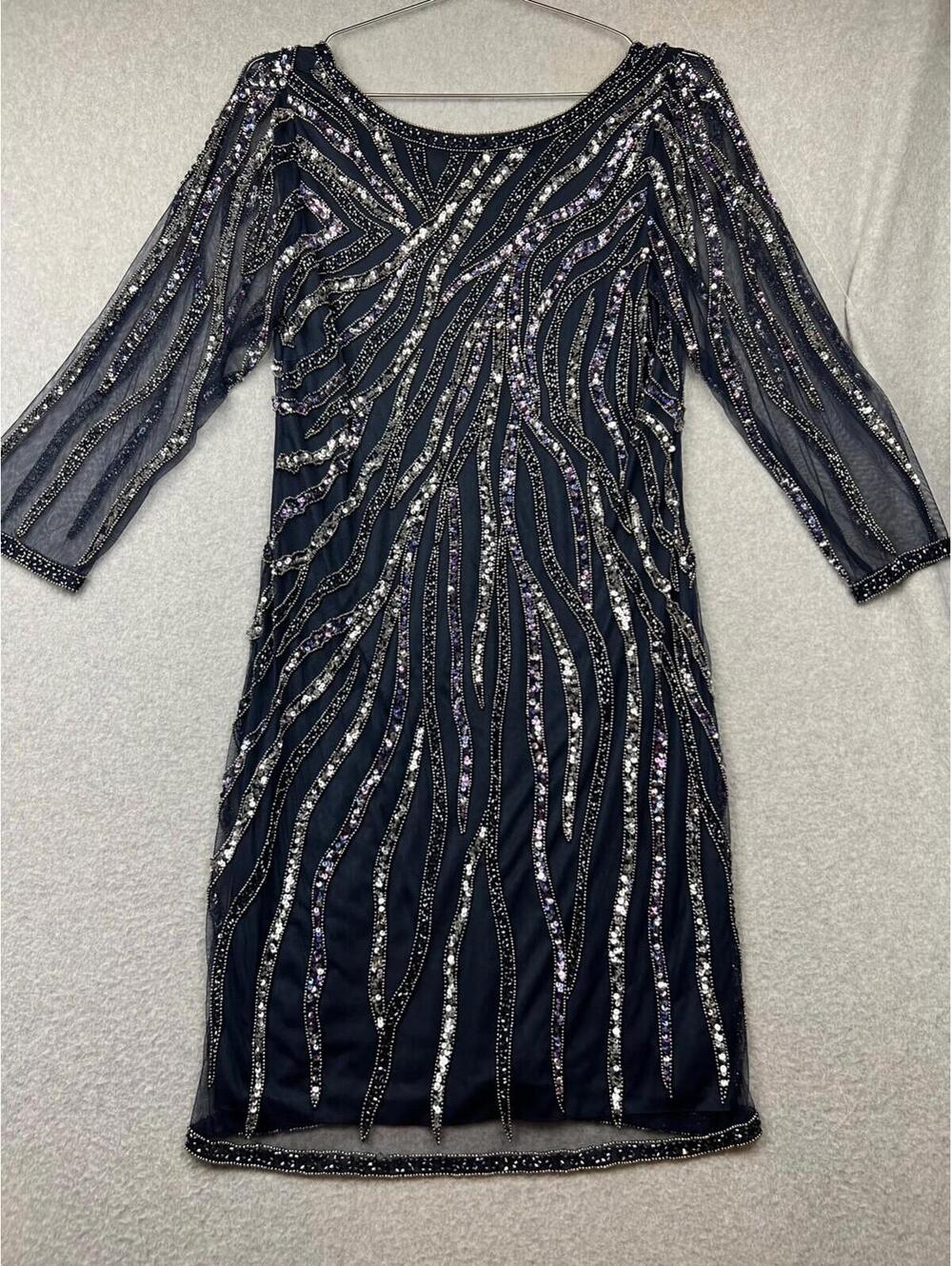 J Kara Women Sheath Dress Size 8 Navy Beaded Sequin Formal Wedding Elegant Party